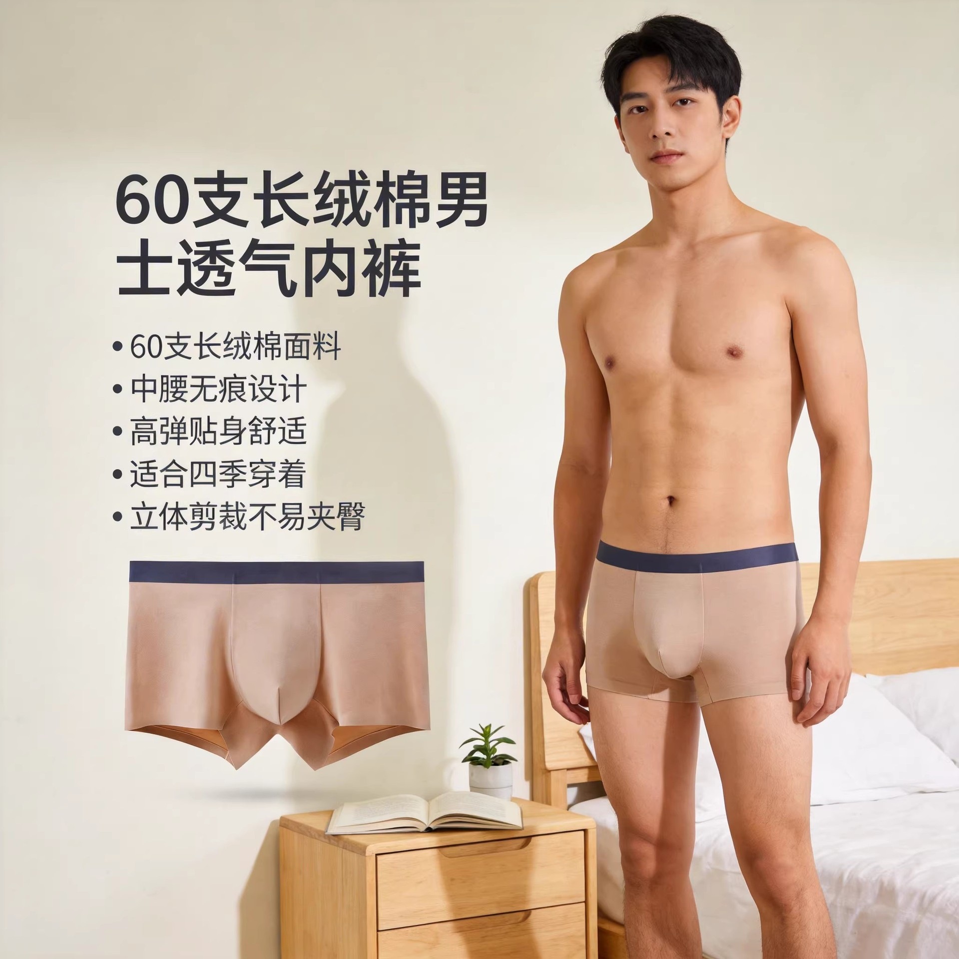 60支长绒棉男士内裤批发时尚四角裤中腰透气纯色内裤无痕平角裤衩