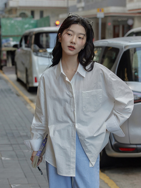 觅定韩系白色长袖衬衫女上衣设计感小众衬衣外套秋季新款粉色|undefined