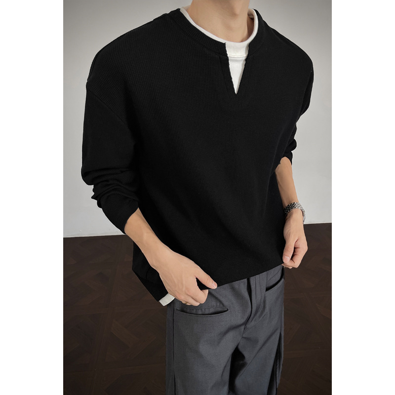 2026 Waffle Knit Fake Two-Piece Long Sleeve T-Shirt for Men, Loose Fit, Spring/Autumn, Korean Style, Versatile, Trendy Top 2026 Waffle Knit Fake Two-Piece Long Sleeve T-Shirt for Men, Loose Fit, Spring/Autumn, Korean Style, Versatile, Trendy Top