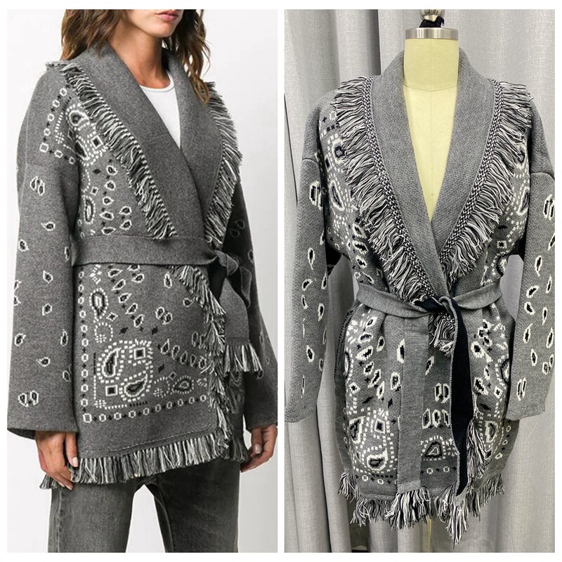 European and American Foreign Trade Heavy Industry Jacquard Thickened Knitted Cardigan Loose plus size Women's Mid-length Tassel Sweater Jacket Trendy
