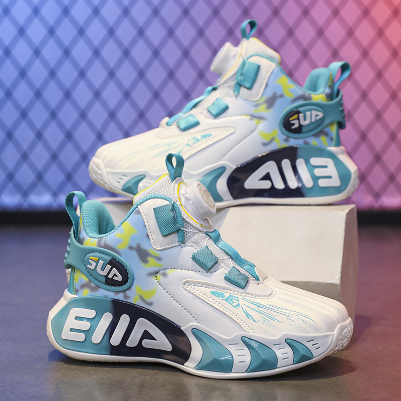 Zapatos de baloncesto para niños primavera y otoño nuevo botón de malla blanca zapatos deportivos fricción sonido zapatos de carrera