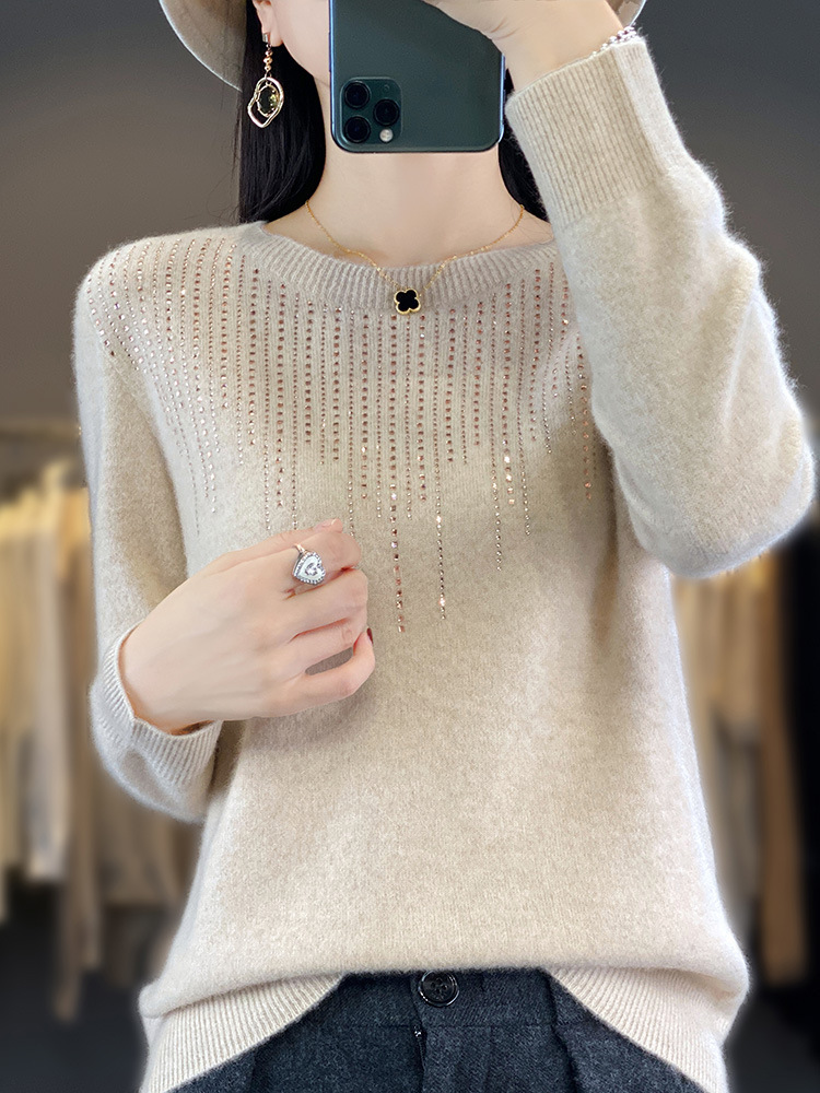 Ropa de primera línea sin costuras 2023 otoño e invierno nuevas mujeres cuello redondo Jersey de manga larga con lentejuelas camisa de fondo de punto Andy Velvet