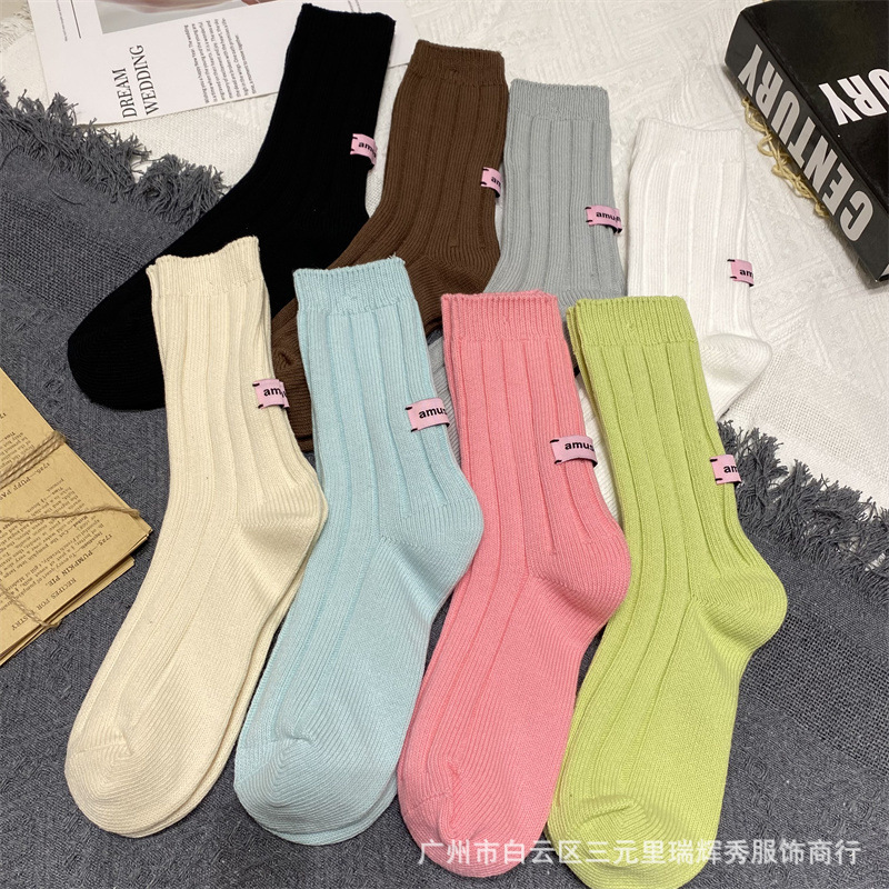 Autumn and Winter European Socks for Women, Mid-Calf, Fabric Label, Double-Needle, Thickened Trendy Socks, Korean Style, Candy-Colored Slouch Socks, Breathable Cotton Socks