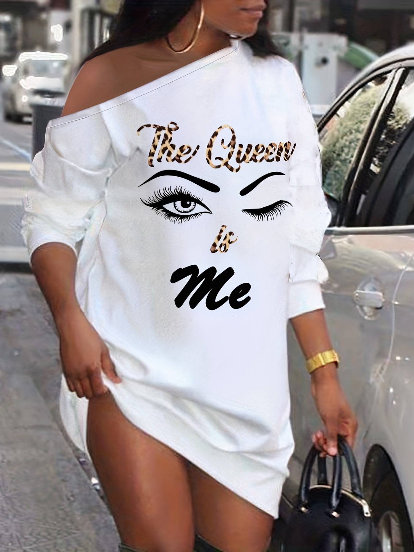 Cross-border Women's printed shoulder long-sleeved sweater dress