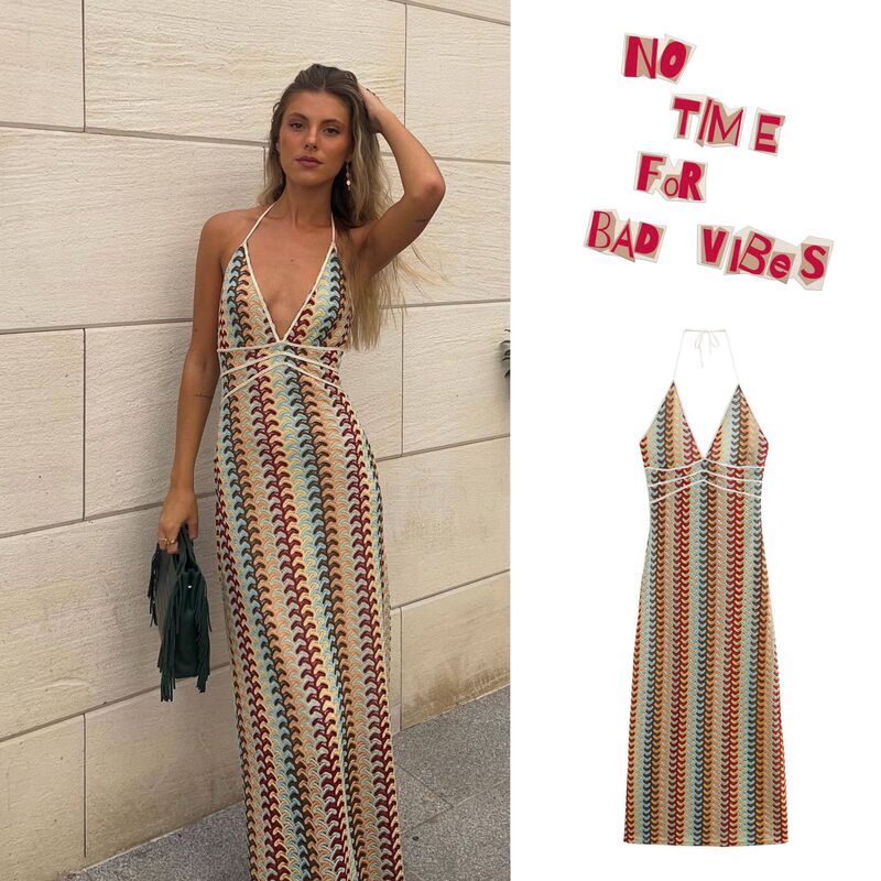 Aliexpress's Popular Cross-Border Foreign Trade European and American Women's Clothing Za Summer New Crochet Floral Vacation Style Knitted Dress