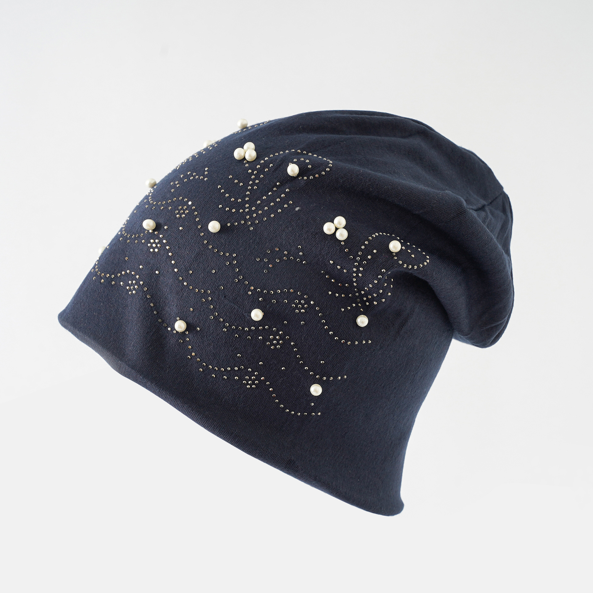 Las mujeres europeas y americanas de otoño e invierno nuevo cálido brimless rhinestone perla color sólido suéter sombrero al aire libre pila sombrero