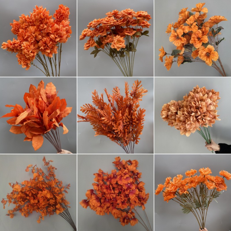 橘色系仿真花材婚庆假花桔色绢花婚礼背景墙插花舞台路引装饰花艺