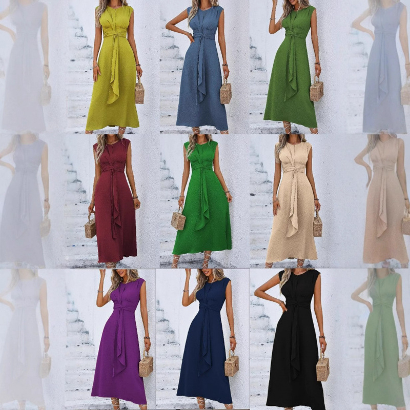 Summer Fashion Solid Color Waist-Cinching Sleeveless Long Dress for Women, New Slimming and Elegant European and American Style for Summer and Autumn Summer Fashion Solid Color Waist-Cinching Sleeveless Long Dress for Women, New Slimming and Elegant European and American Style for Summer and Autumn