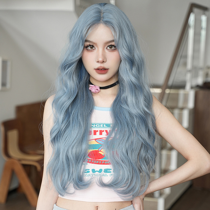 Wig Women's Long Curly Hair Small Lace Chemical Fiber Full Head Cover Glacier Blue Internet Popular New Long Hair Hand Woven Head Cover