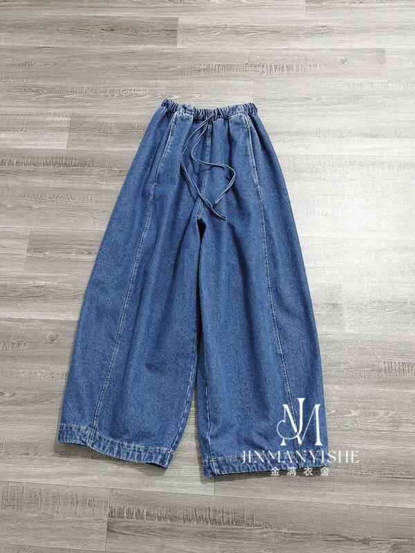 European S Style Drawstring Elastic High-Waisted Slim Casual Barrel-Shaped Loose Wide-Leg Jeans for Women Spring