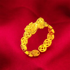 ベトナムサンドゴールドオープンマネーメダル貔貅リングサンドブラスト女性のパーソナライズされた古代銅貨貔貅リング卸売