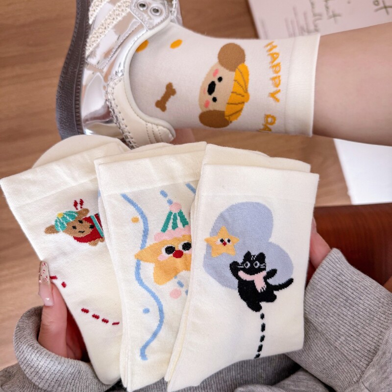 Cute Puppy Socks Women's Spring and Summer College Style Japanese Style Illustration Cartoon Stars Mid-tube Socks Korean Style Student Cotton Socks