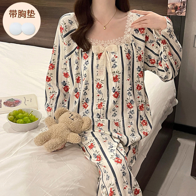 带胸垫云朵棉睡衣女春秋款长袖甜美公主风2025新款夏季家居服套装|undefined