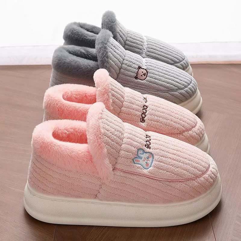 Зимние хлопковые тапочки для женщин, домашние тапочки с ощущением наступления на дерьмо, теплая хлопковая обувь на толстой нескользящей меховой подкладке на флисовой подкладке для уличной носки.