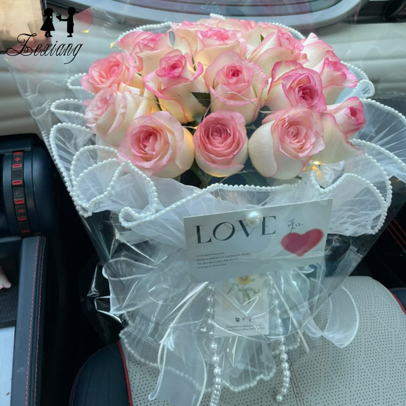 Hilo de onda bilateral plisado hilo de onda perla simple estilo Chanel ramo forro de flores papel de embalaje de flores de malla