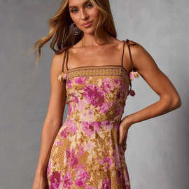 Spaghetti Strap Floral Print Maxi Dress复古印花收腰长连衣裙