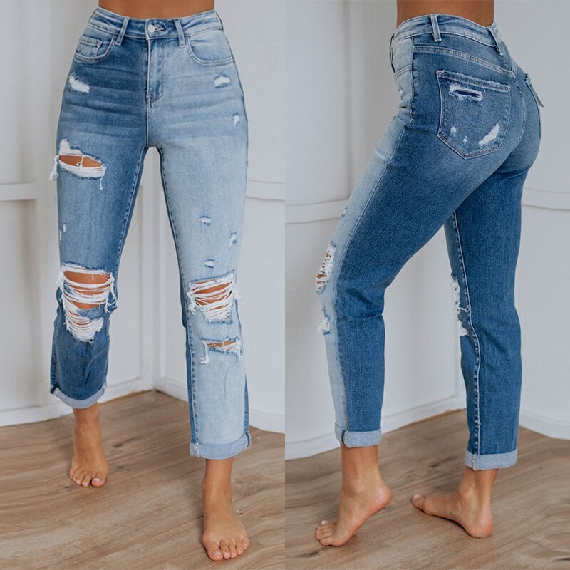 Factory Direct Sale 2025 Spring European and American Cross-Border Ripped Jeans Women's Washed Gradient Straight Pants Wholesale in Stock Factory Direct Sale 2025 Spring European and American Cross-Border Ripped Jeans Women's Washed Gradient Straight Pants Wholesale in Stock
