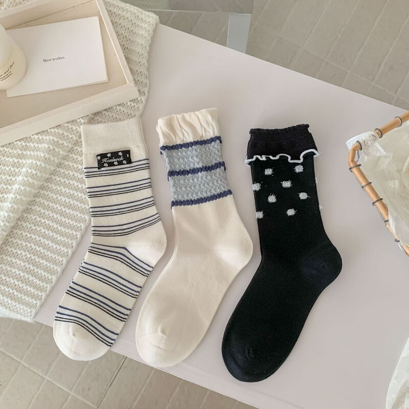秋冬新款无骨袜子女精梳棉中筒袜黑白条纹韩系学院风长筒堆堆袜棉|undefined