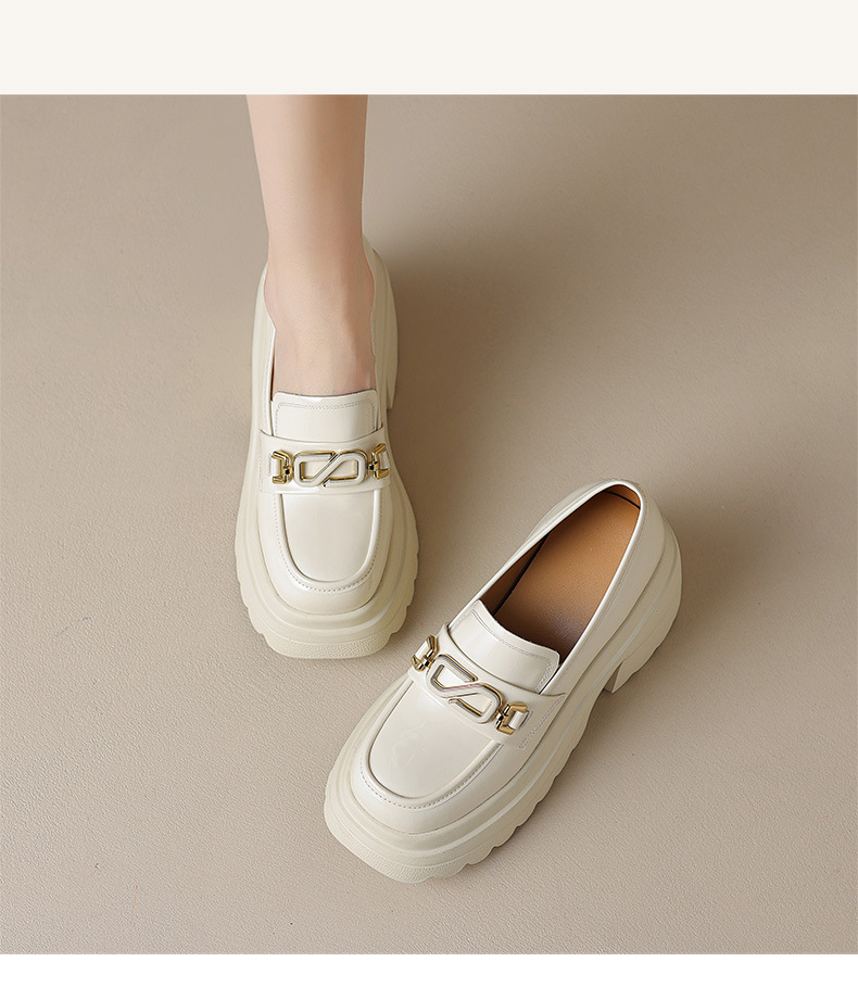 Giày loafer nữ đế xuồng cao gót mũi tròn kim loại – phong cách tăng chiều cao — Đen bóng, Be bóng chi tiết 10