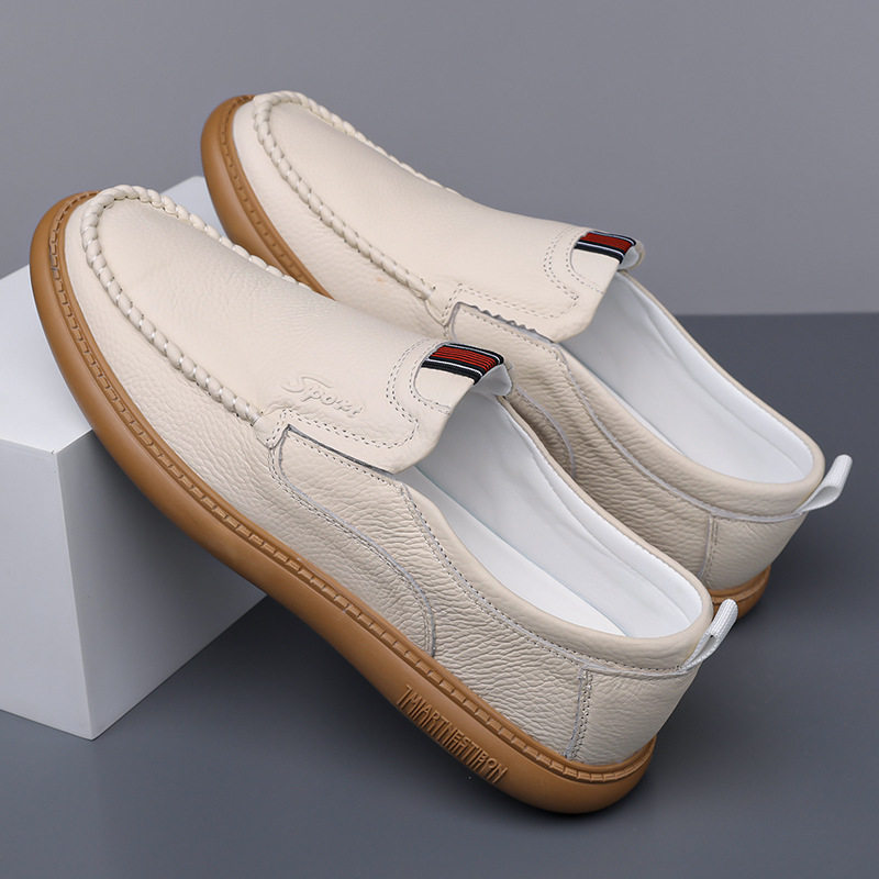 Giày lười nam da bò thật mềm đế bằng kiểu dáng đơn giản — quần kaki, trắng, đen