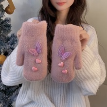 2024年秋冬针织甜美少女百搭学院风包指双层加厚骑车手套女