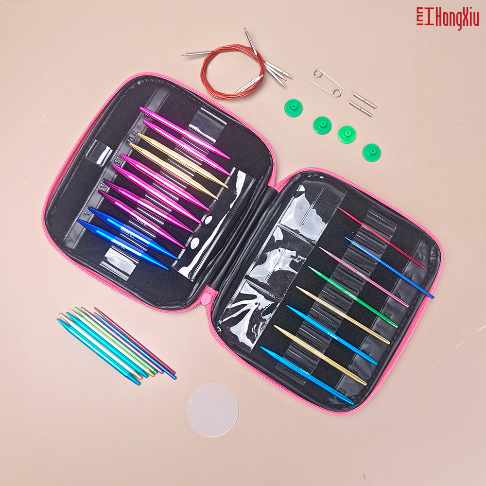 Rojo bordado desmontable anillo aguja color alúmina intercambio cable suéter aguja de tejer bolsa de ganchillo conjunto de herramientas