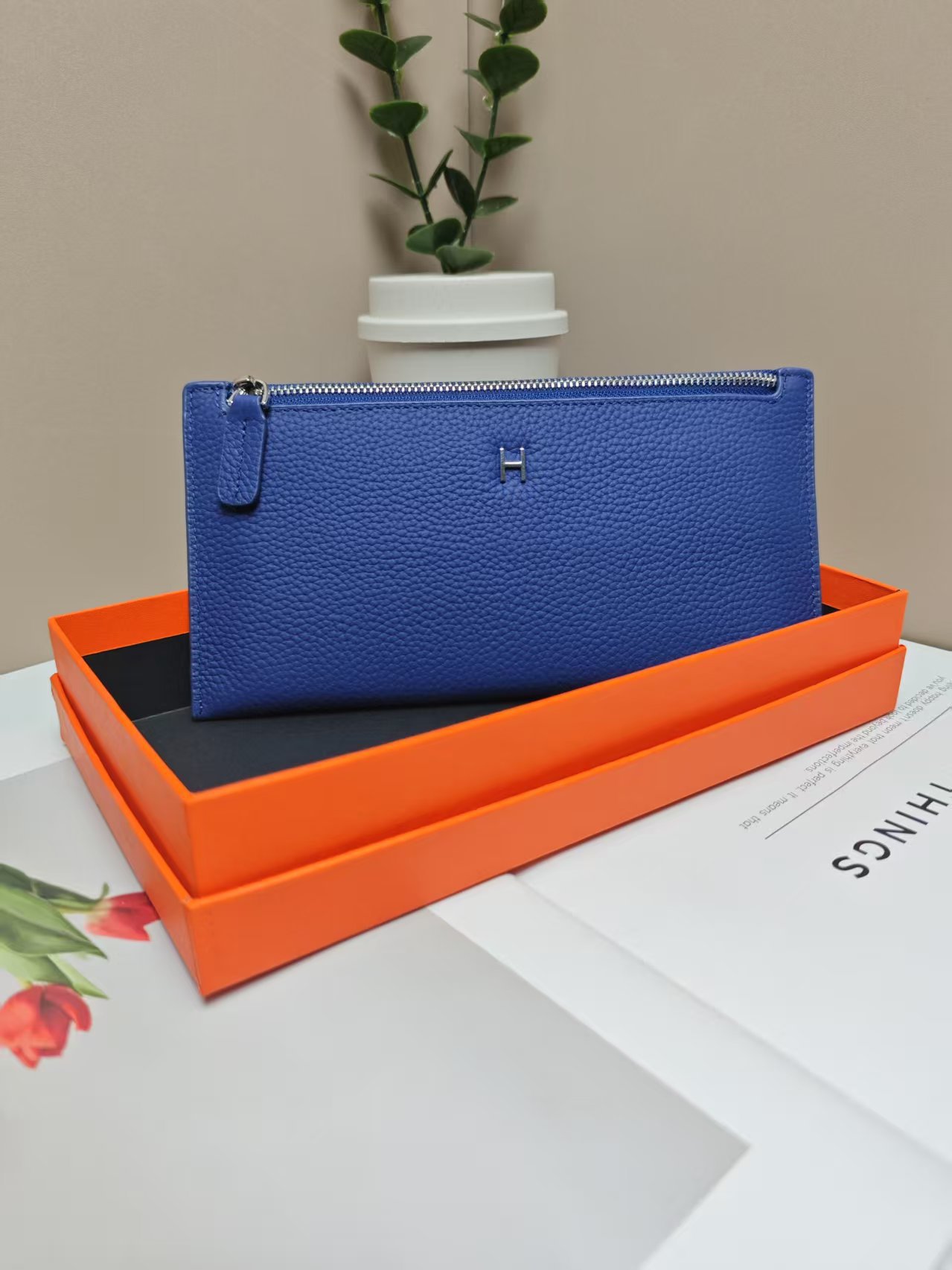 Blue wallet, box, genuine leather