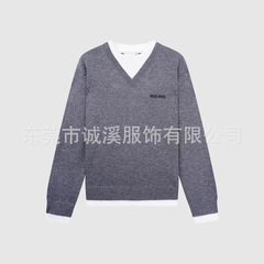 【Miu家灰色宽松羊毛套头毛衣】秋冬新款羊绒假两件拼接上衣