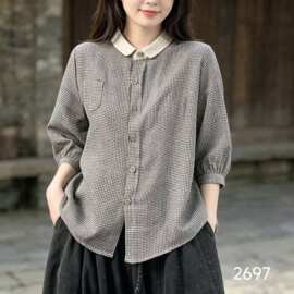 2026夏新款细格亚麻衬衫女宽松大码A版显瘦衬衣2967