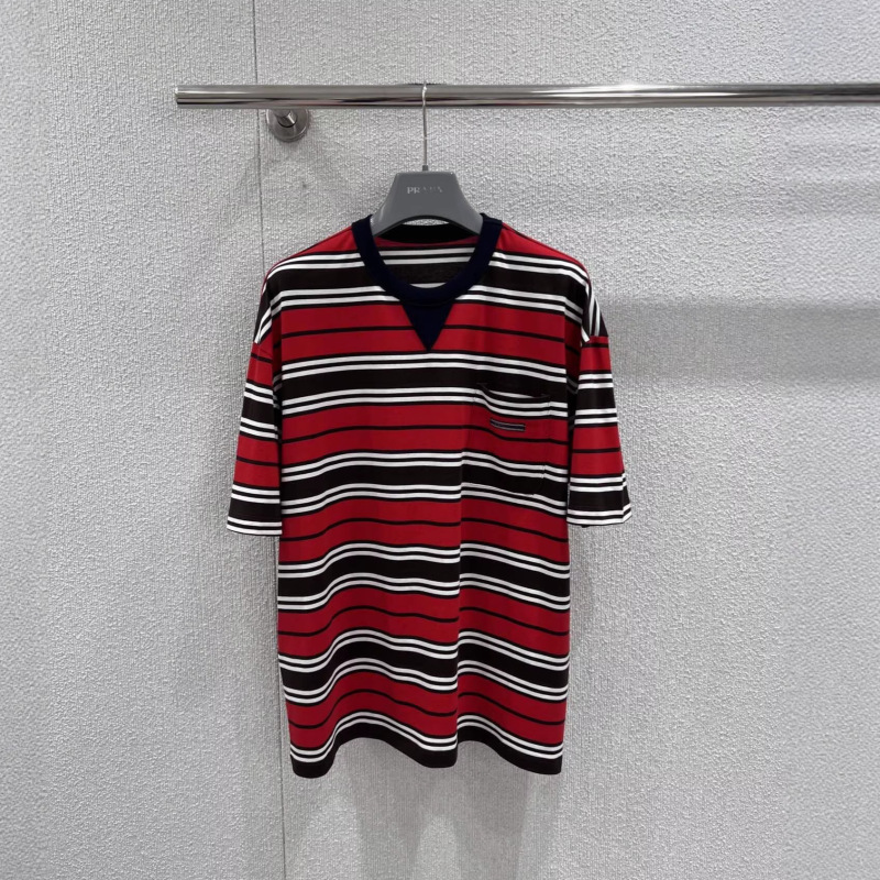 Nanyou Authentic Version Cross-Border High-Quality P Brand Spring/Summer New Striped Round Neck Unisex Letter Pocket Short Sleeve T-Shirt