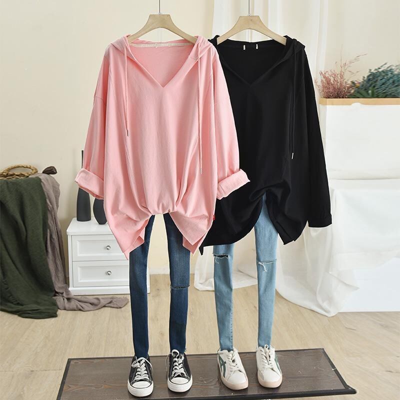 Spring New Thin Hooded V-Neck Top Korean Style Versatile 150kg Loose Plus-Size Lazy Mid-Length Sweatshirt for Women