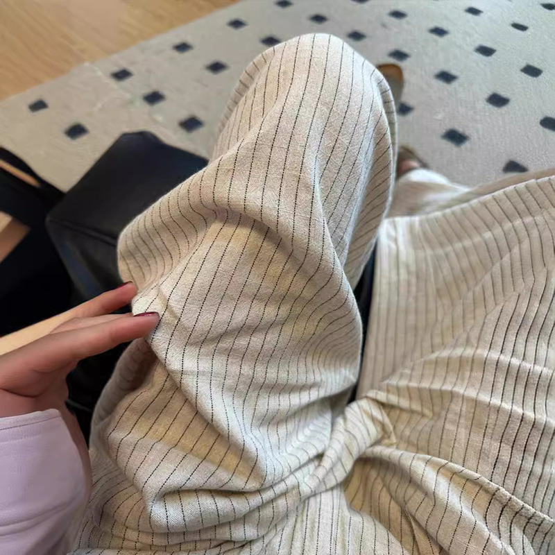 Super recommend! Japanese Striped Linen Pants Women's Summer High Waist Dagging Slimming Straight Lazy Cotton Pants Super recommend! Japanese Striped Linen Pants Women's Summer High Waist Dagging Slimming Straight Lazy Cotton Pants