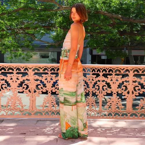 2025 New Fashionable Casual V-Neck Straps Waistcoat High Waist Print Wide Leg Pants Set for Women 