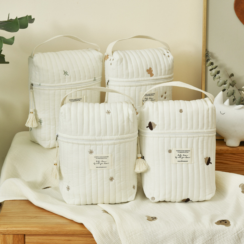 Ins Style Quilted Embroidered Mummy Bag Baby Bottle Diaper Storage Bag Baby Cart Storage Hanging Bag Zipper Handbag