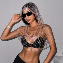 亚马逊爆款跨境新款欧美女装网眼水钻渔网上衣甜辣风闪钻连帽背心