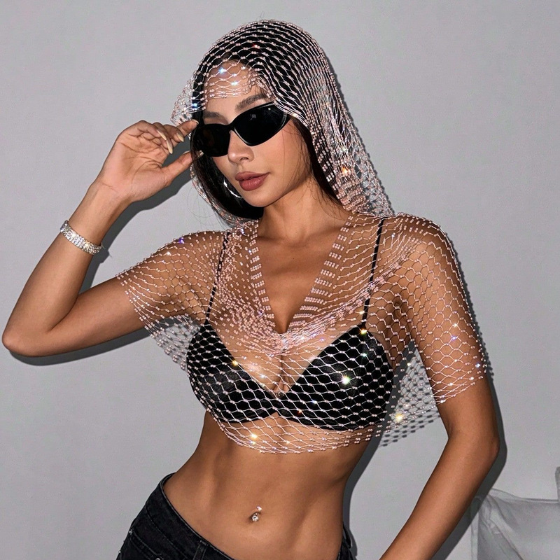 Amazon popular cross-border new European and American women's mesh rhinestone fishing net top sweet and spicy style rhinestone hooded vest