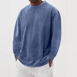 2025 New Cross-Border Amazon Independent Station Autumn and Winter Men's Retro Washed Distressed Pure Color Long-Sleeved T-Shirt