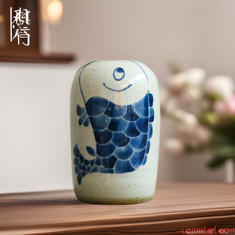Jingdezhen Ceramic Ornaments Creative Hand-painted Blue and White Porcelain Home Living Room Decorative Vase Flower Insert Retro Nostalgic Pottery