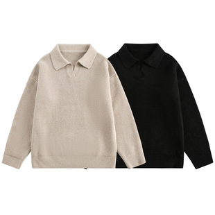 Old Qian Style cleanfit Solid Color Simple Lasel Pullover Sweater Men's and Women's Loose College Style POLO Collar Sweater