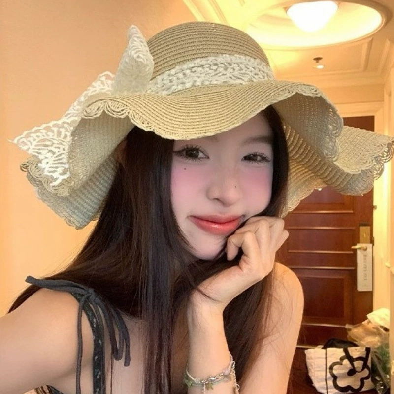 Beach hat vacation fashionable summer sun protection sunshade sweet fisherman breathable lace bow big veil women