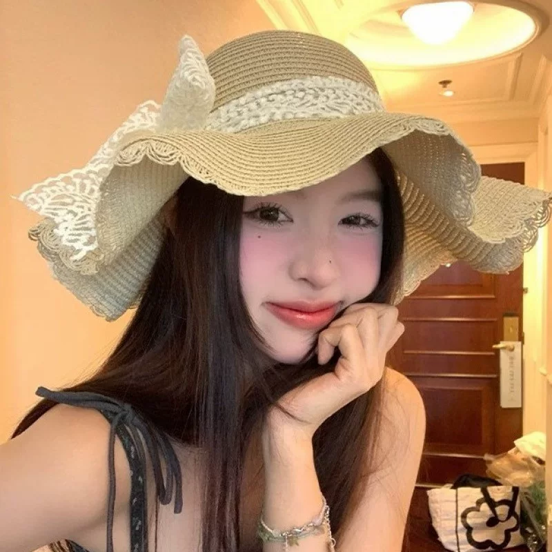 Beach hat vacation fashionable summer sun protection sunshade sweet fisherman breathable lace bow big veil women