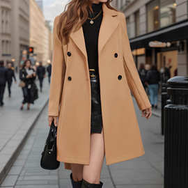 厂家定制跨境爆款亚马逊跨境欧美新款毛呢双排扣系带毛呢大衣外套