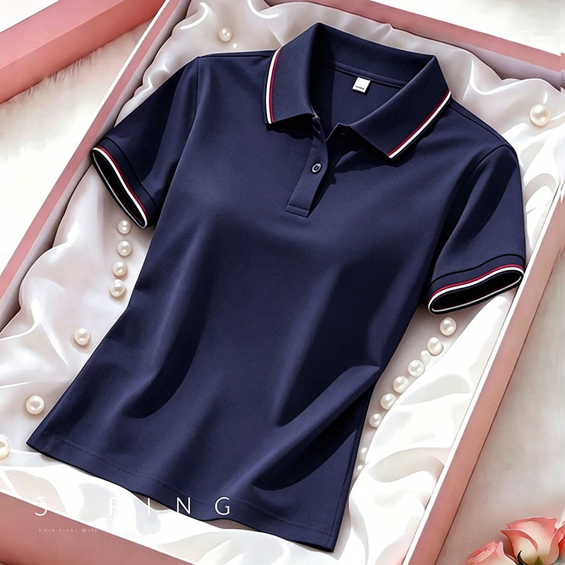 Polyamide Ice Silk Quick-Dry Casual Color-Blocked Turn-Down Collar Two-Button Polo Shirt for Women, Summer Workwear Factory Uniform Top