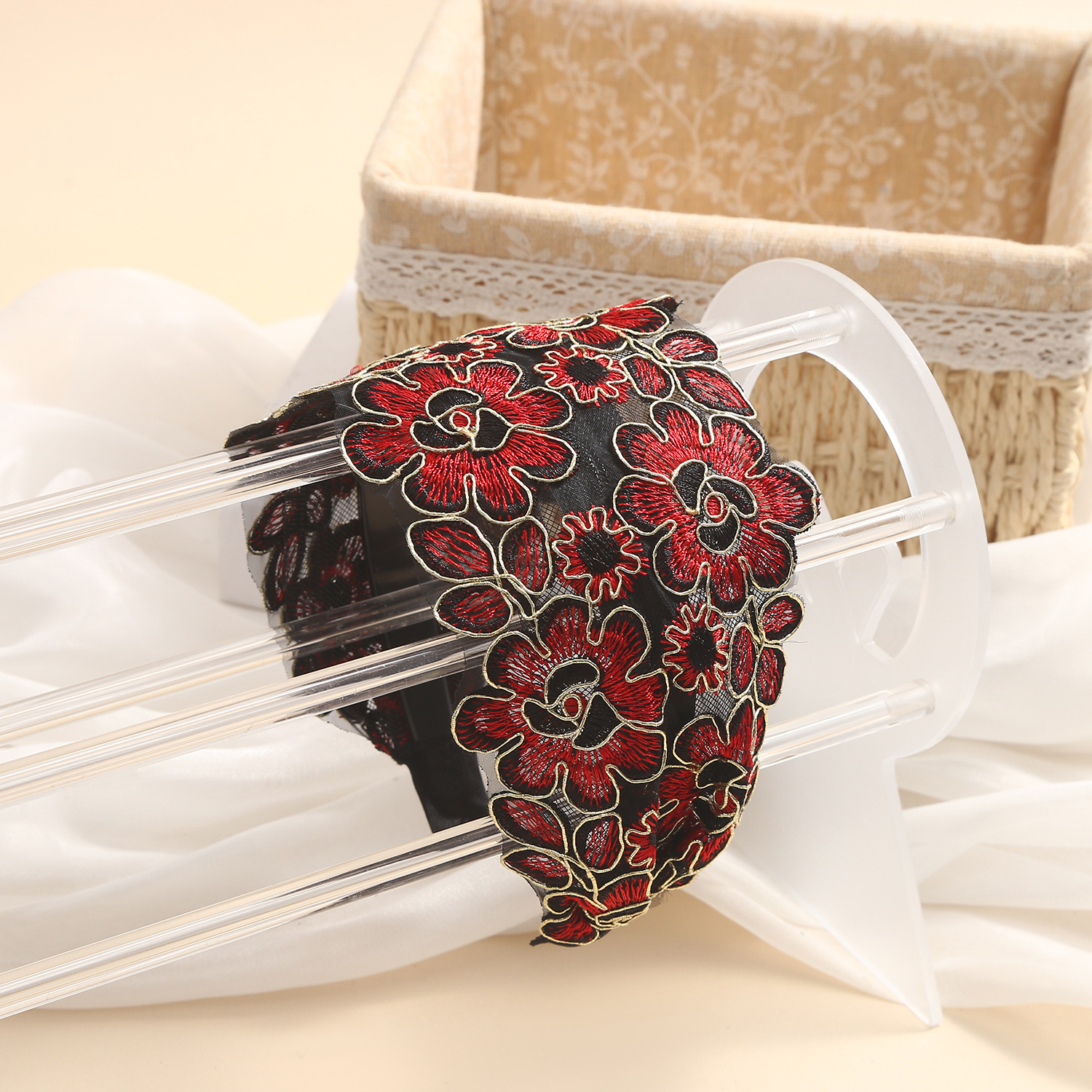 Correa para el cabello con flequillo de ala ancha coreana, diadema de flores bordadas de encaje de compresión femenina, horquilla, accesorios para el cabello, diadema para el cabello, diadema para el cabello