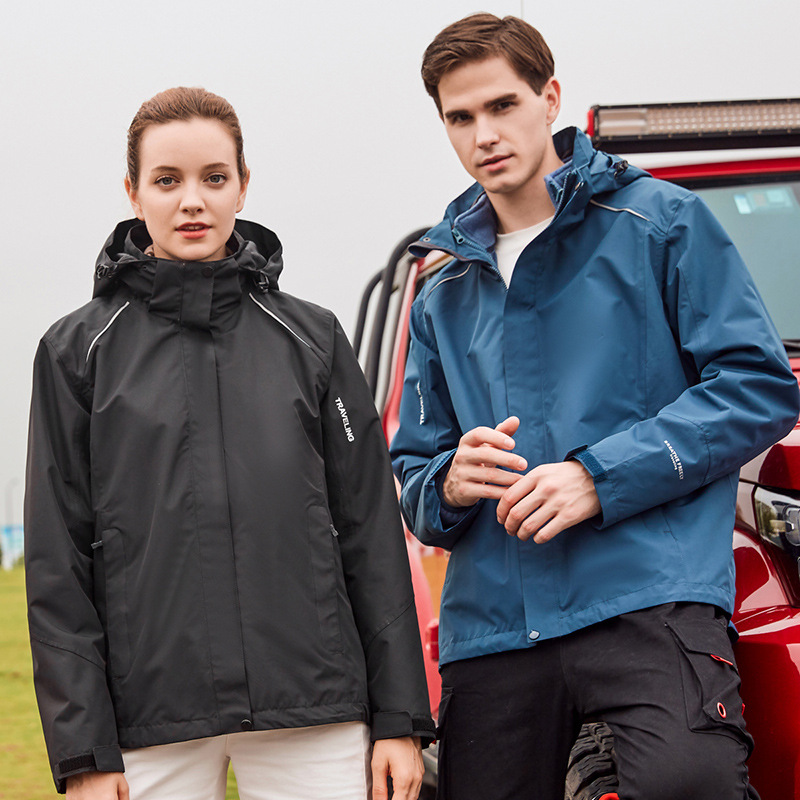 Chaqueta de pareja de doble pieza forro polar sombrero chaqueta a prueba de viento a prueba de lluvia deportes al aire libre moda casual ventas directas de fábrica