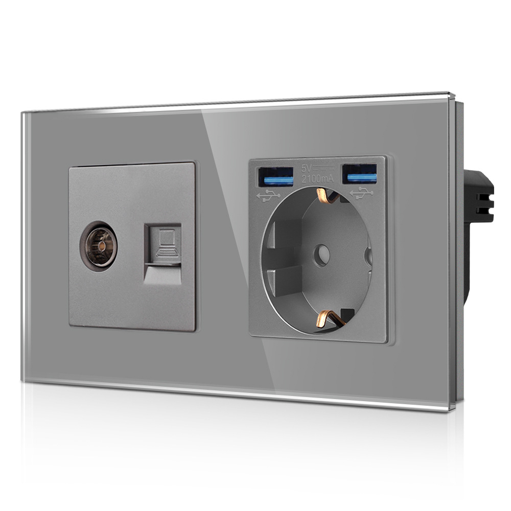 灰色USB德插带TV/CAT6功能插口欧式插座德式插座带接地俄罗斯插