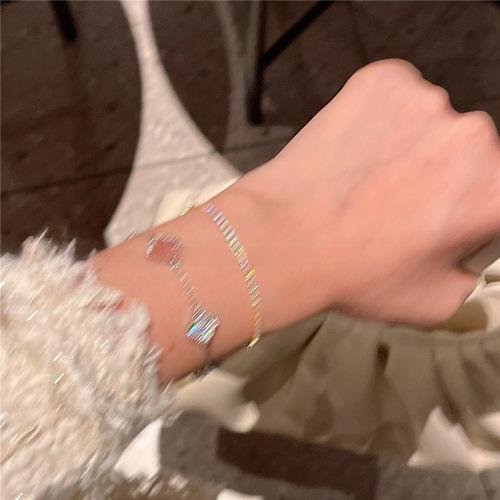 Jojo's New Arrival Sweet Little Flower Bracelet with Sparkling Glitter, Korean Style Ins Wind Sweet Pink Four-Leaf Cord