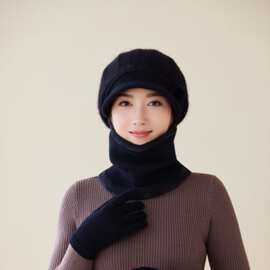 针织毛线帽子围脖一体女冬季加绒加厚保暖中老年人妈妈骑车防寒帽