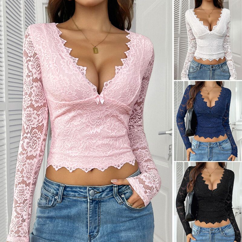 Di Yun Cross-border 2025 Spring and Summer European and American Foreign Trade Y2K Sexy Deep V Hollow Sweet Spicy Lace Pullover Top Women's Wear