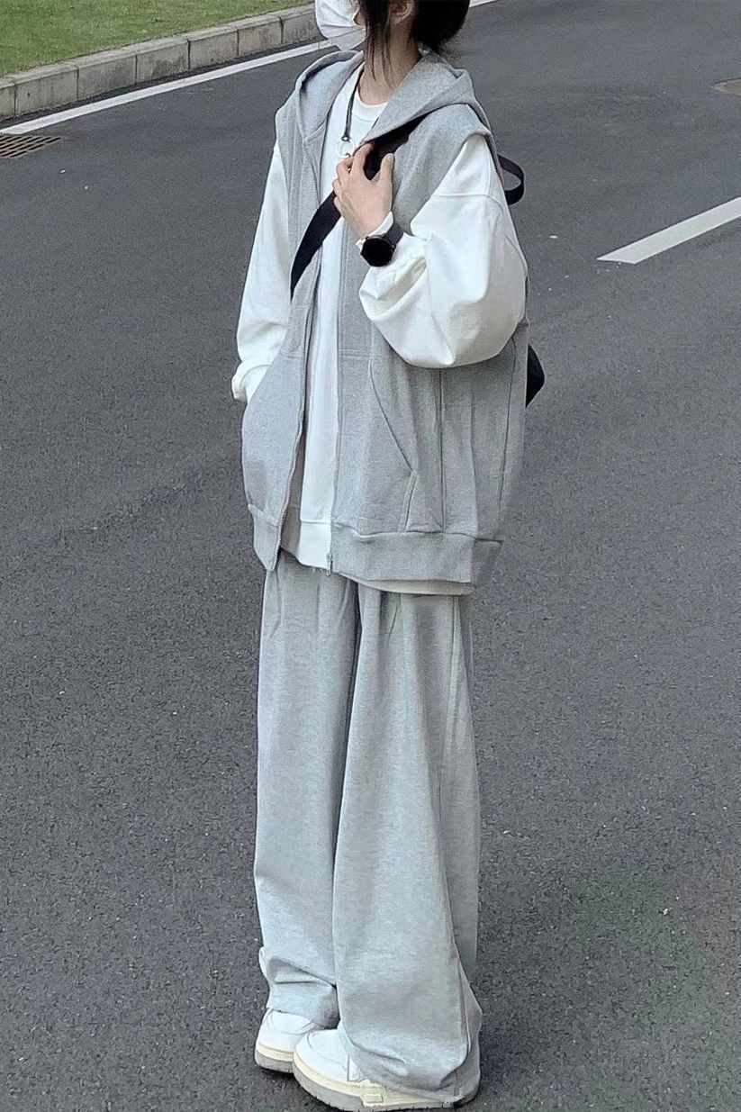 单/套装秋季带帽马甲外套韩女学生卫衣+宽松阔腿裤休闲运动三件套